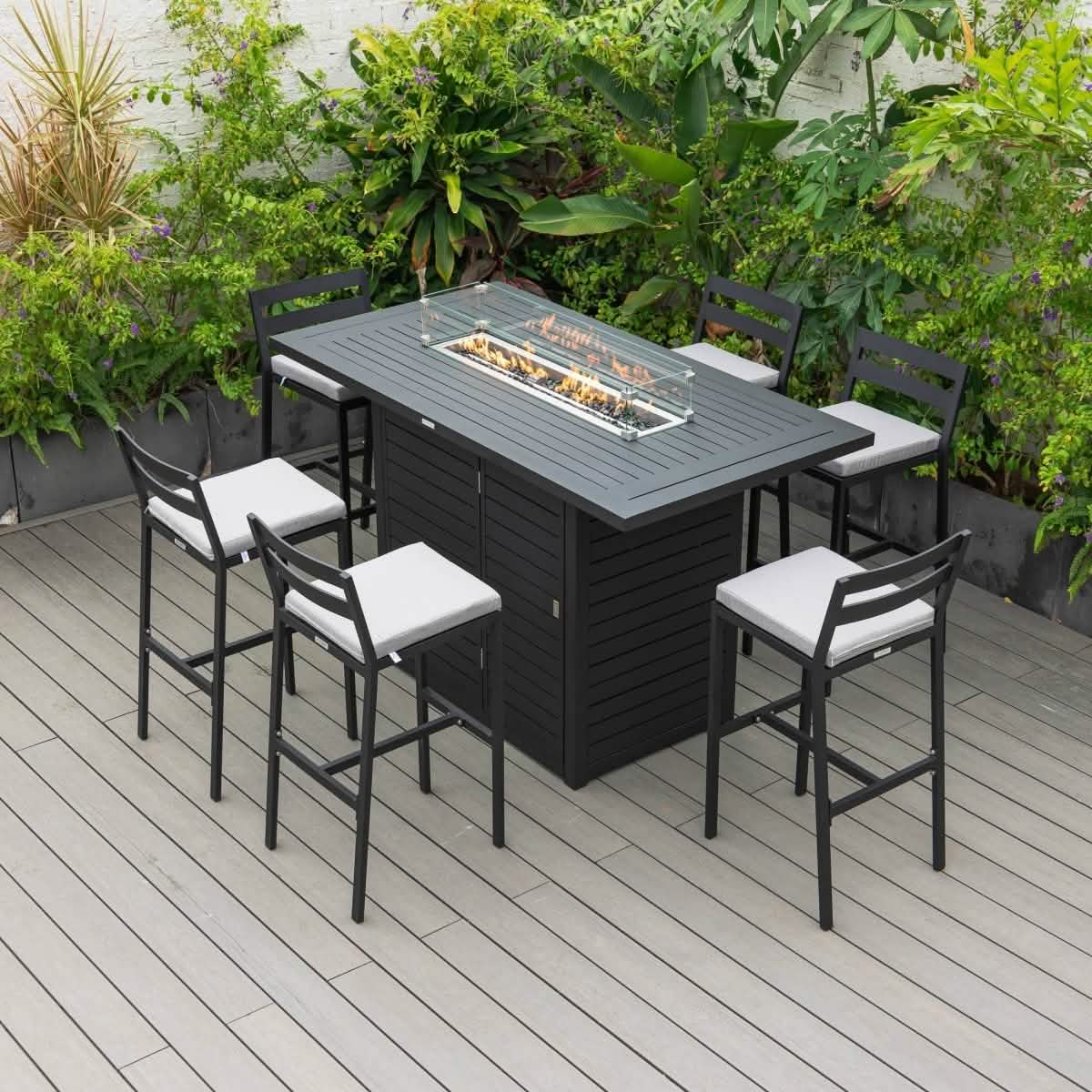Chelsea 7 - Piece Patio Bar Set: Aluminum Fire Pit Table with Tank Holder & 6 Barstools with Cushions
