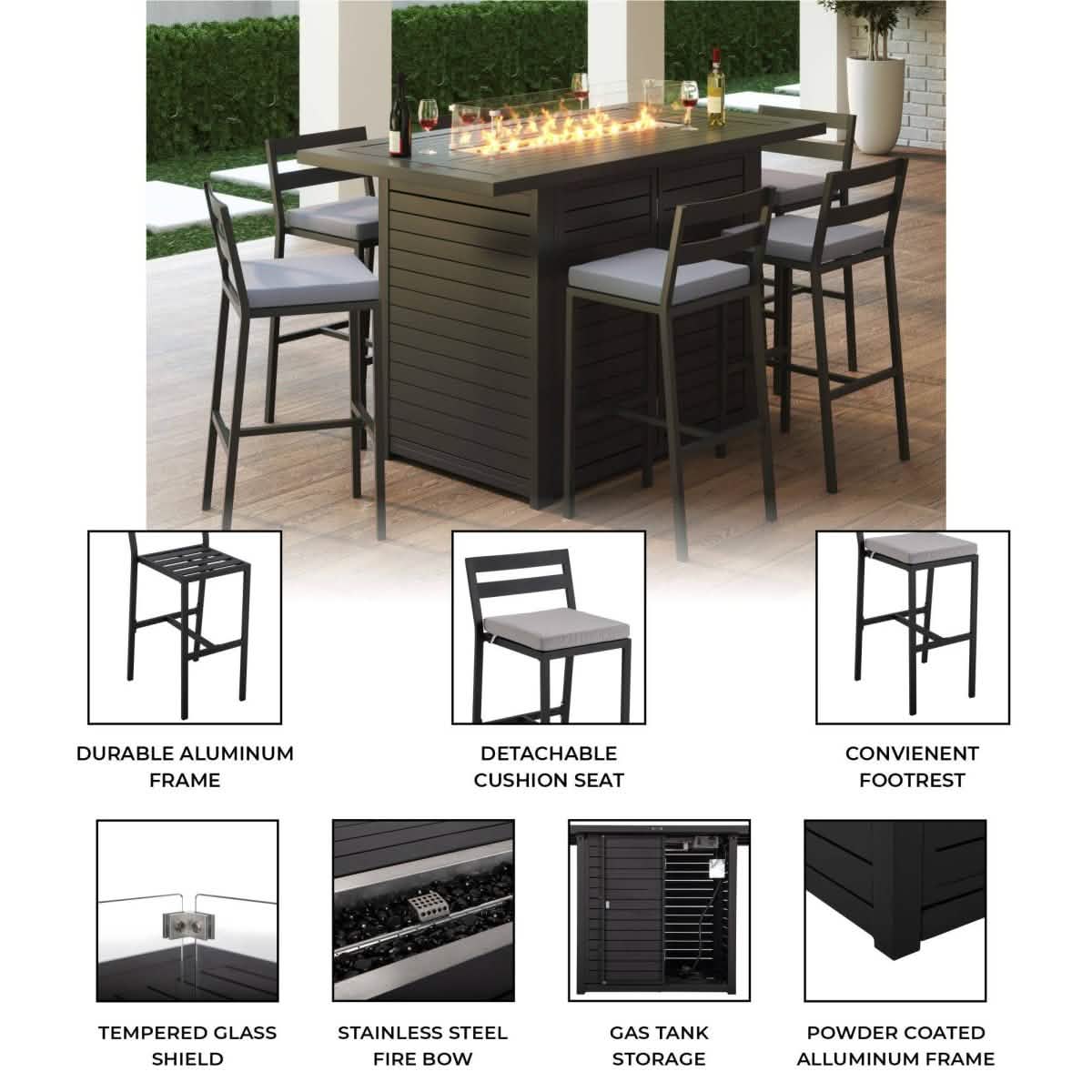 Chelsea 7 - Piece Patio Bar Set: Aluminum Fire Pit Table with Tank Holder & 6 Barstools with Cushions