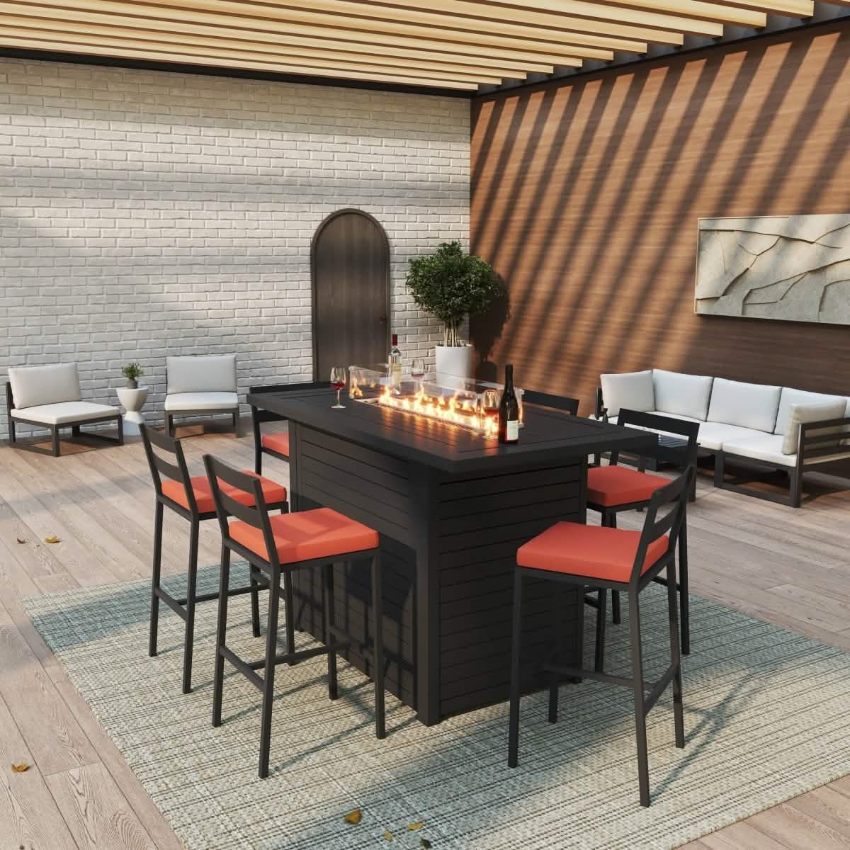 Chelsea 7 - Piece Patio Bar Set: Aluminum Fire Pit Table with Tank Holder & 6 Barstools with Cushions