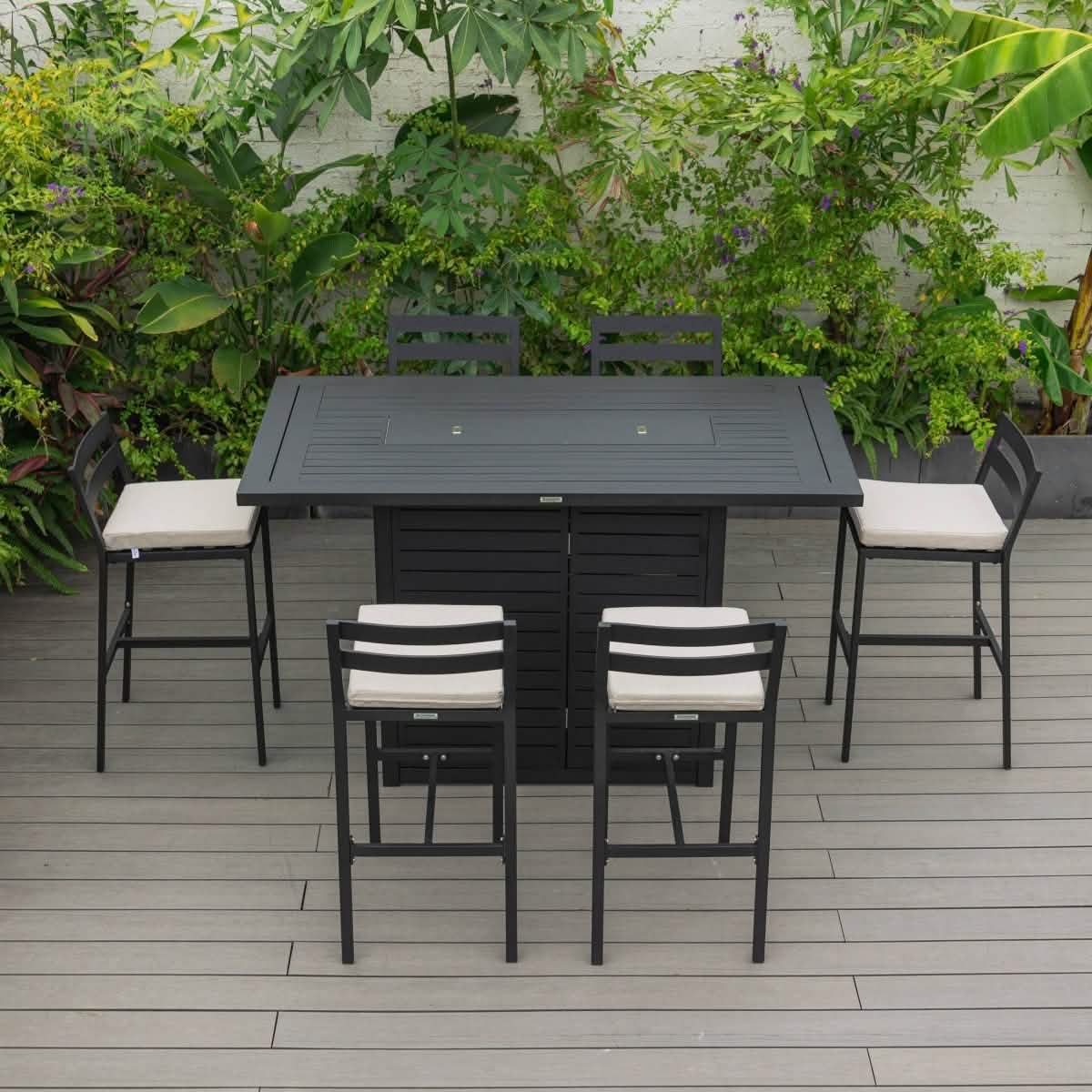 Chelsea 7 - Piece Patio Bar Set: Aluminum Fire Pit Table with Tank Holder & 6 Barstools with Cushions