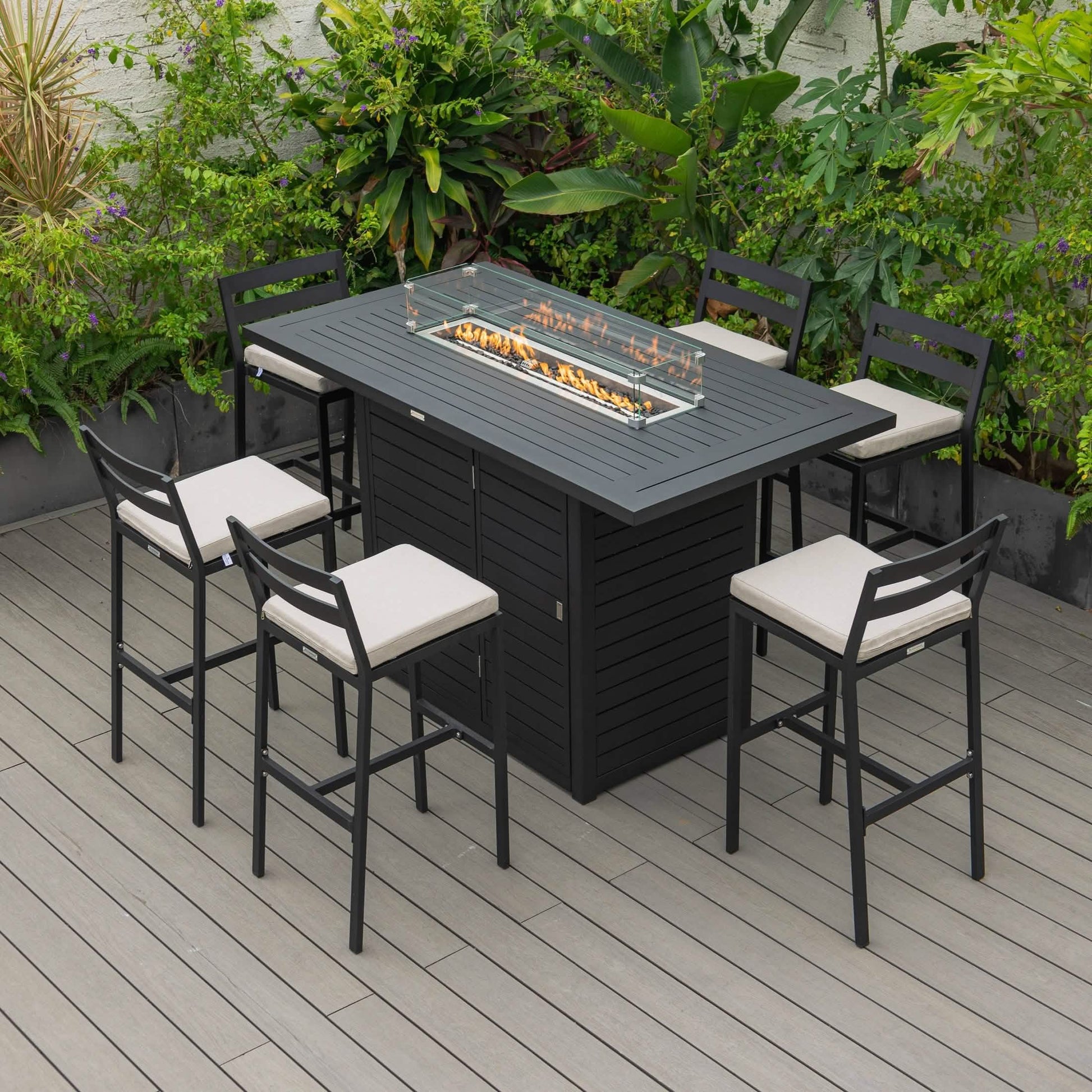 Chelsea 7 - Piece Patio Bar Set: Aluminum Fire Pit Table with Tank Holder & 6 Barstools with Cushions