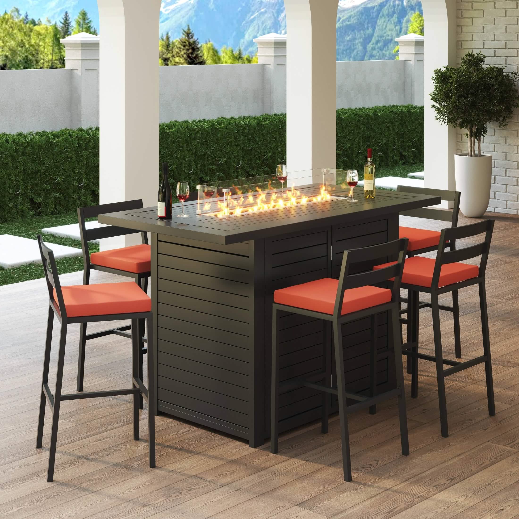 Chelsea 7 - Piece Patio Bar Set: Aluminum Fire Pit Table with Tank Holder & 6 Barstools with Cushions