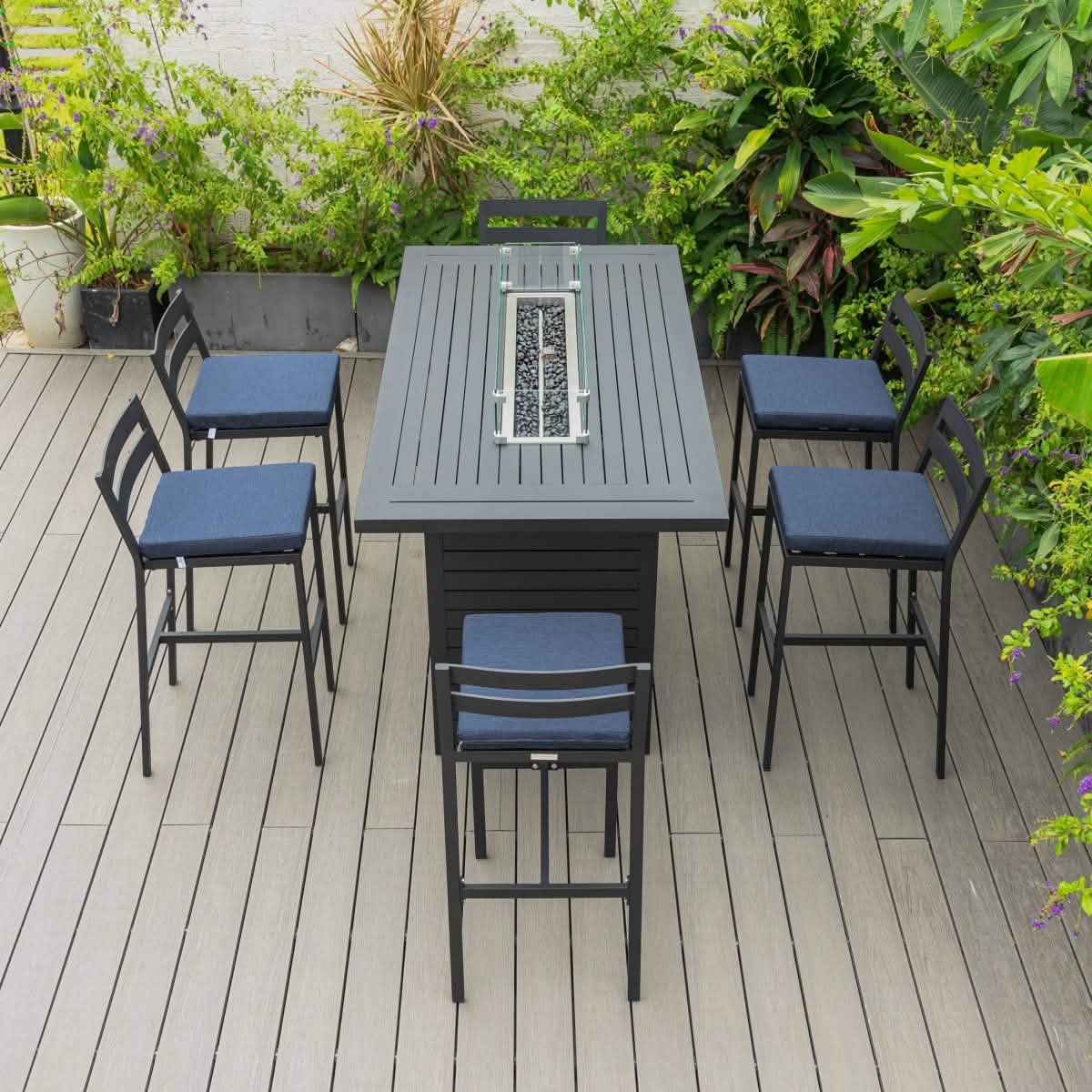Chelsea 7 - Piece Patio Bar Set: Aluminum Fire Pit Table with Tank Holder & 6 Barstools with Cushions