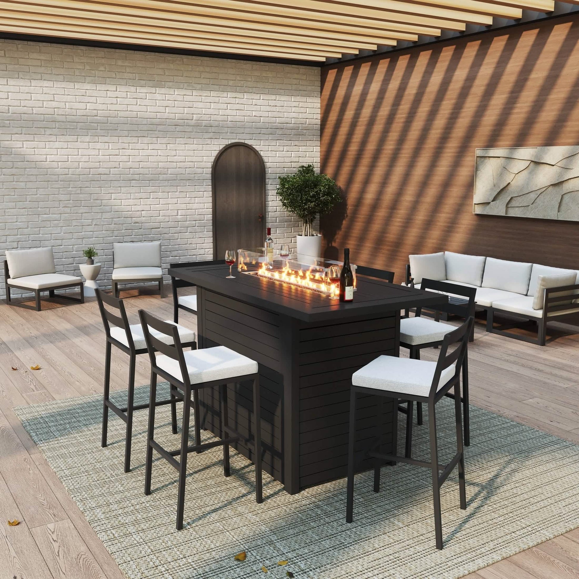 Chelsea 7 - Piece Patio Bar Set: Aluminum Fire Pit Table with Tank Holder & 6 Barstools with Cushions