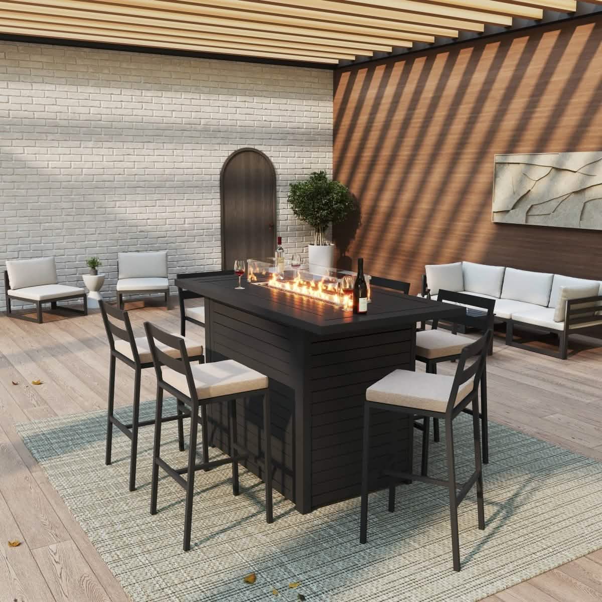 Chelsea 7 - Piece Patio Bar Set: Aluminum Fire Pit Table with Tank Holder & 6 Barstools with Cushions