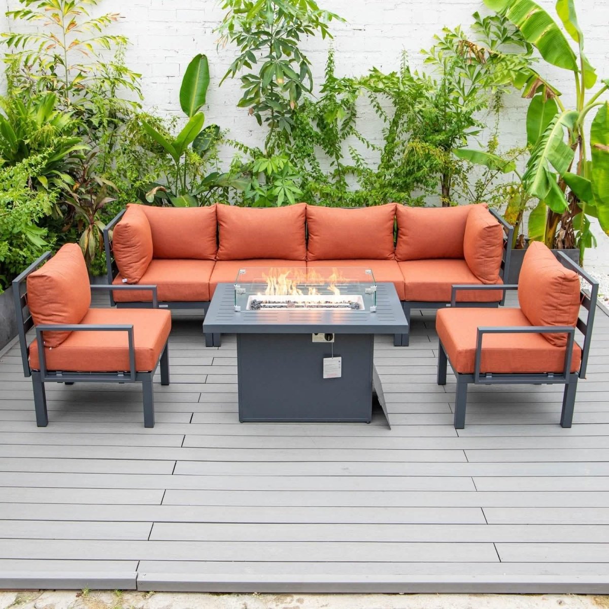 Chelsea 7 - Piece Patio Sectional Set in Black Aluminum with Fire Pit Table