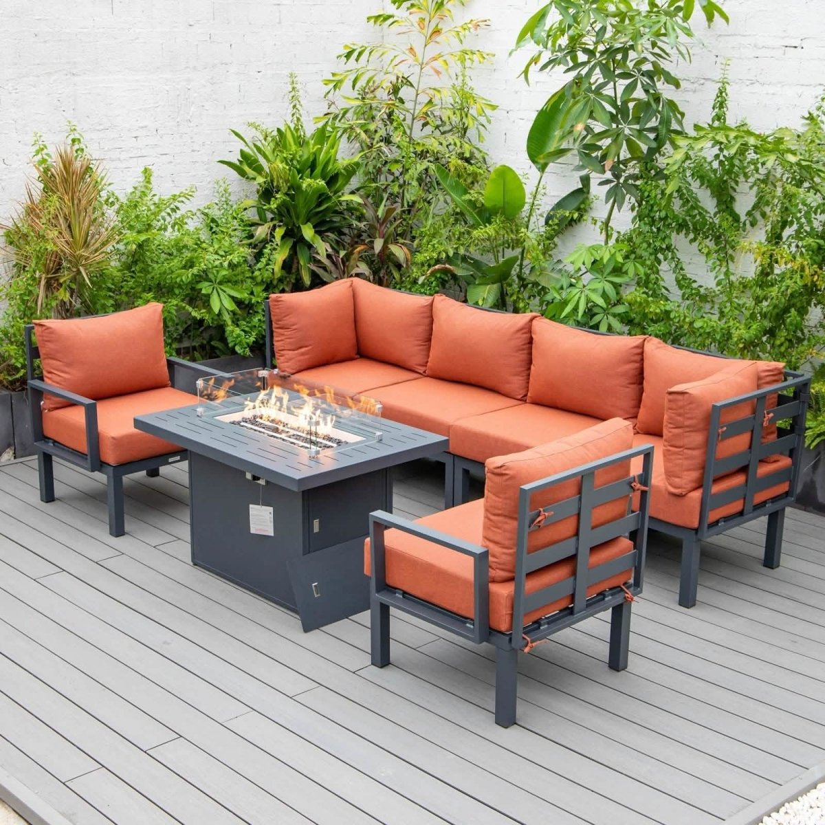 Chelsea 7 - Piece Patio Sectional Set in Black Aluminum with Fire Pit Table