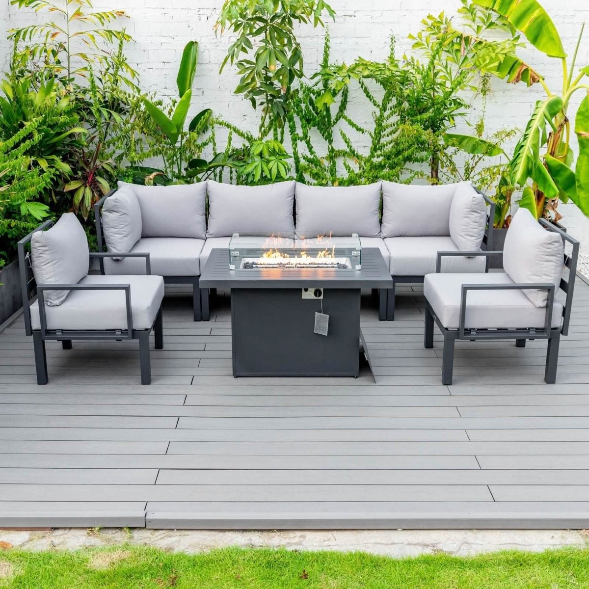 Chelsea 7 - Piece Patio Sectional Set in Black Aluminum with Fire Pit Table