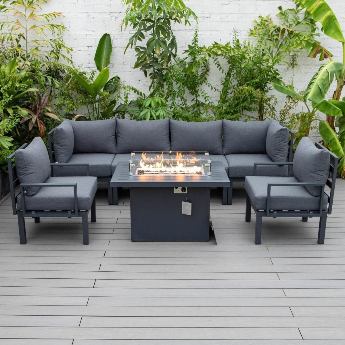 Chelsea 7 - Piece Patio Sectional Set in Black Aluminum with Fire Pit Table