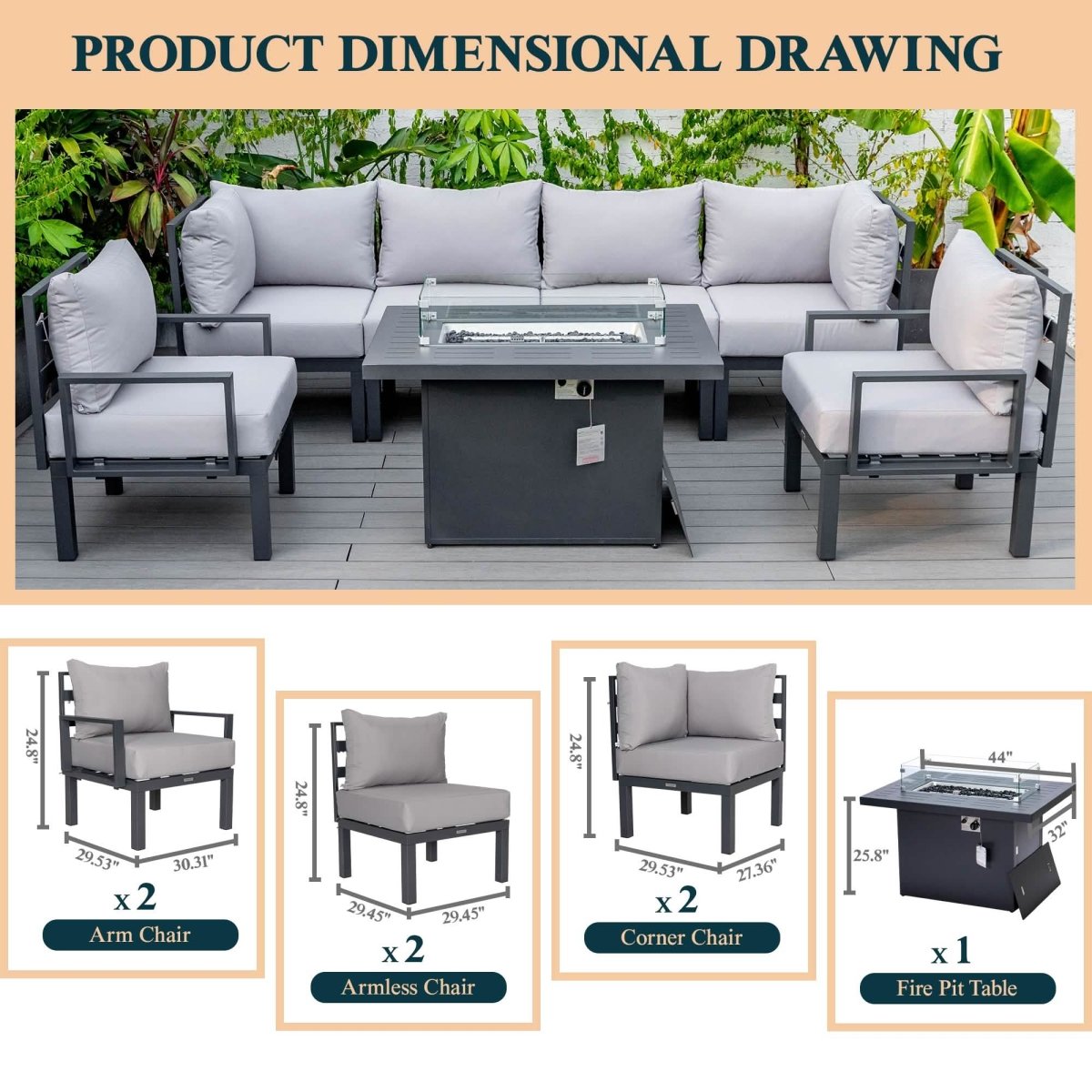 Chelsea 7 - Piece Patio Sectional Set in Black Aluminum with Fire Pit Table