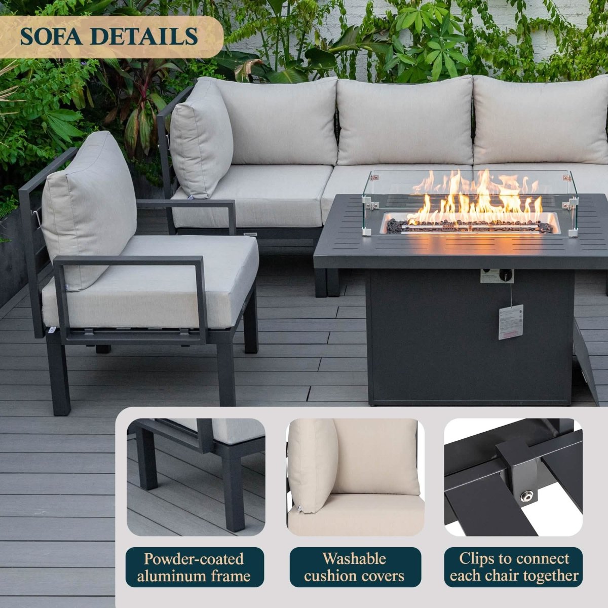 Chelsea 7 - Piece Patio Sectional Set in Black Aluminum with Fire Pit Table