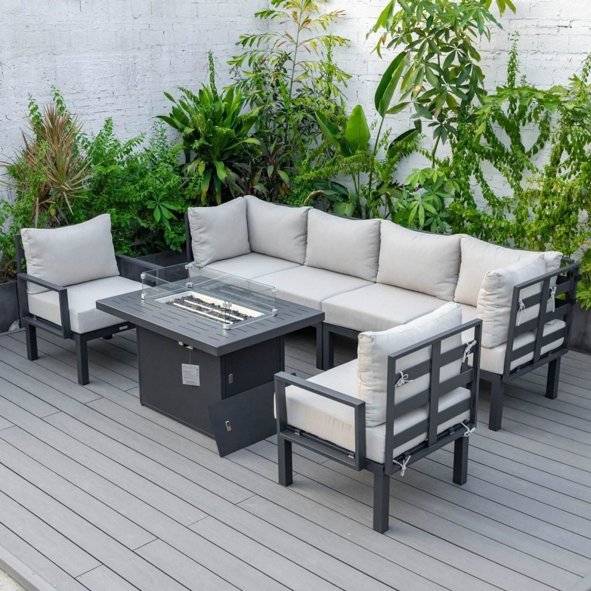 Chelsea 7 - Piece Patio Sectional Set in Black Aluminum with Fire Pit Table