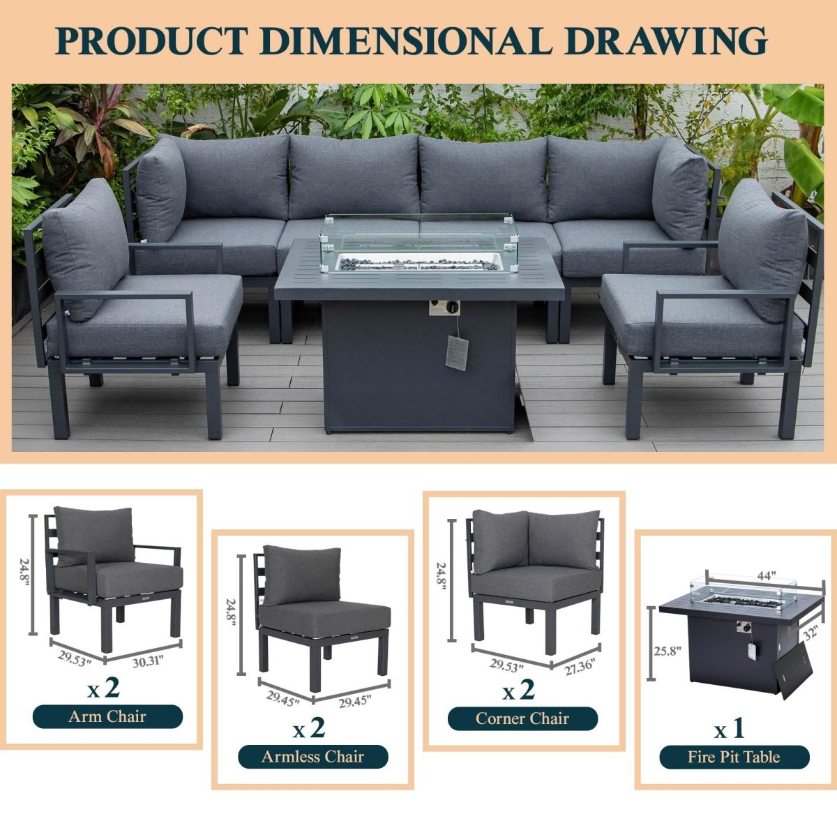 Chelsea 7 - Piece Patio Sectional Set in Black Aluminum with Fire Pit Table