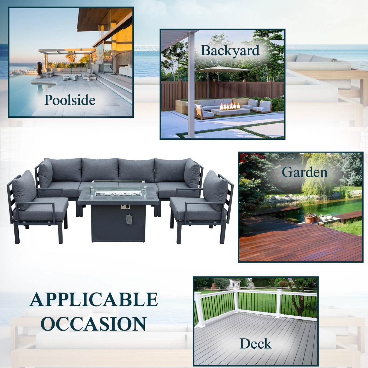 Chelsea 7 - Piece Patio Sectional Set in Black Aluminum with Fire Pit Table
