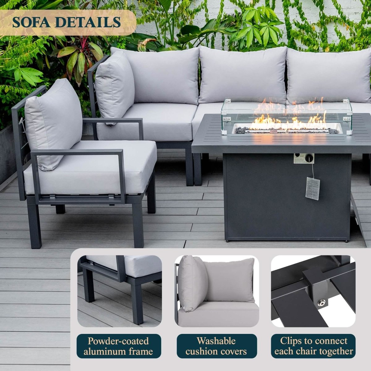 Chelsea 7 - Piece Patio Sectional Set in Black Aluminum with Fire Pit Table