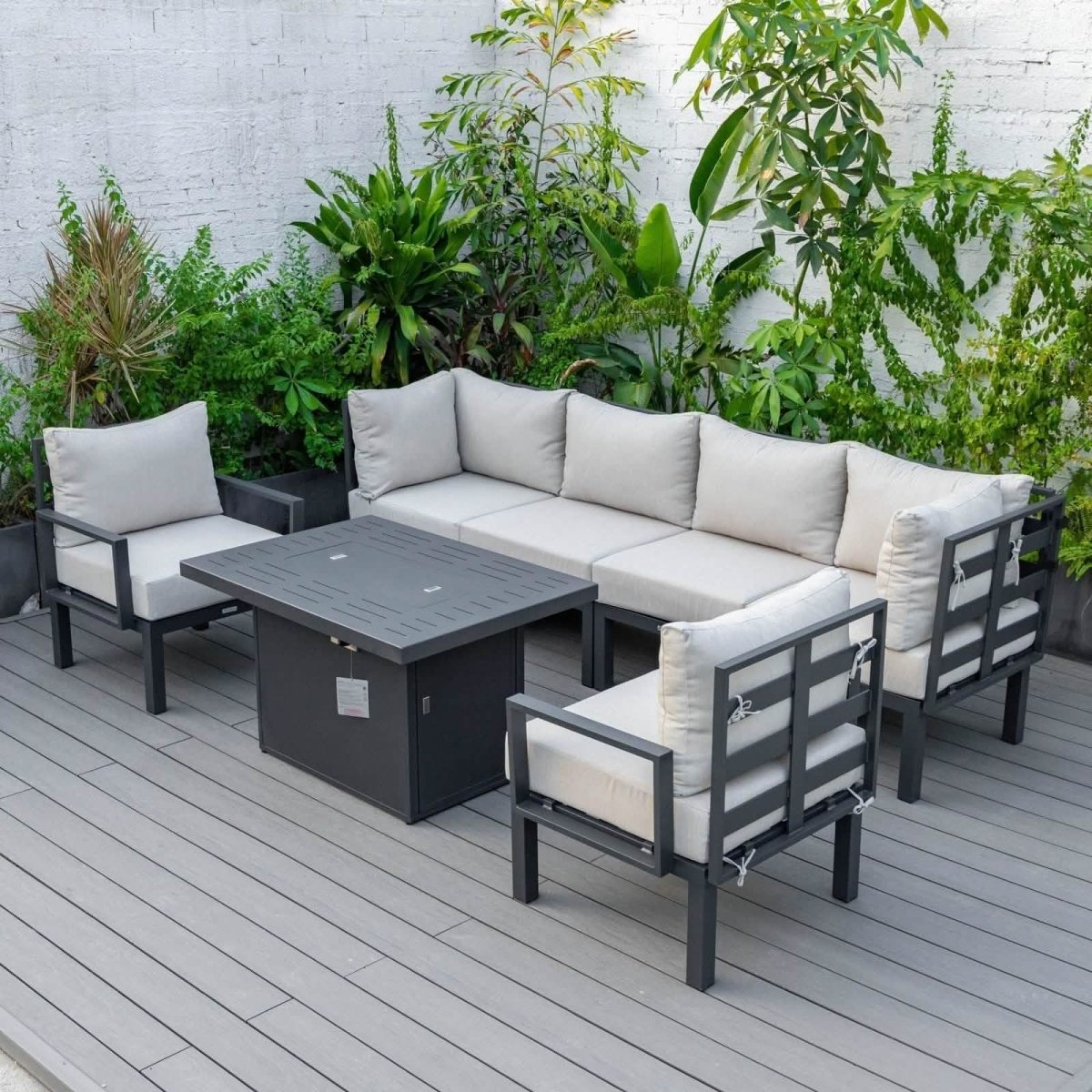 Chelsea 7 - Piece Patio Sectional Set in Black Aluminum with Fire Pit Table