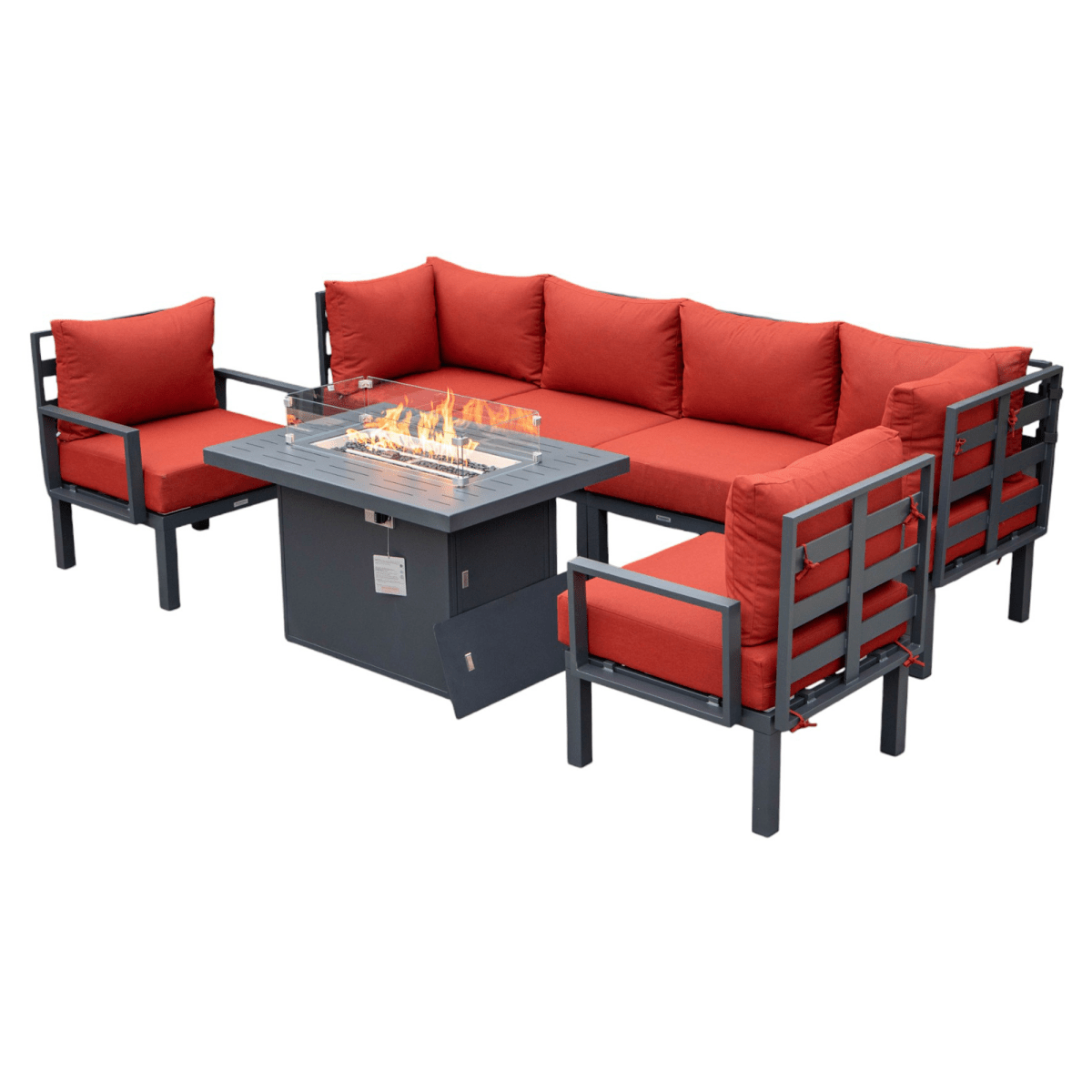 Chelsea 7 - Piece Patio Sectional Set in Black Aluminum with Fire Pit Table