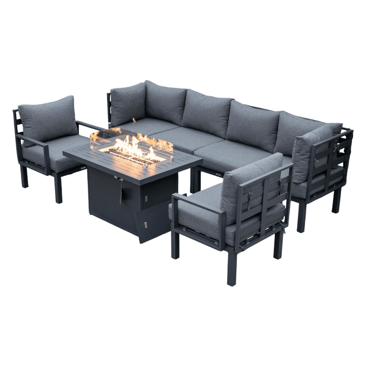Chelsea 7 - Piece Patio Sectional Set in Black Aluminum with Fire Pit Table