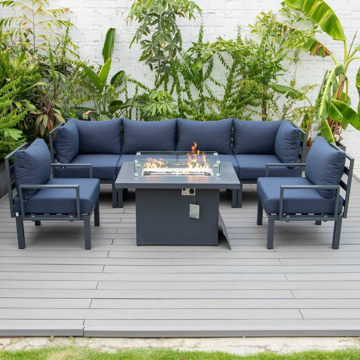 Chelsea 7 - Piece Patio Sectional Set in Black Aluminum with Fire Pit Table
