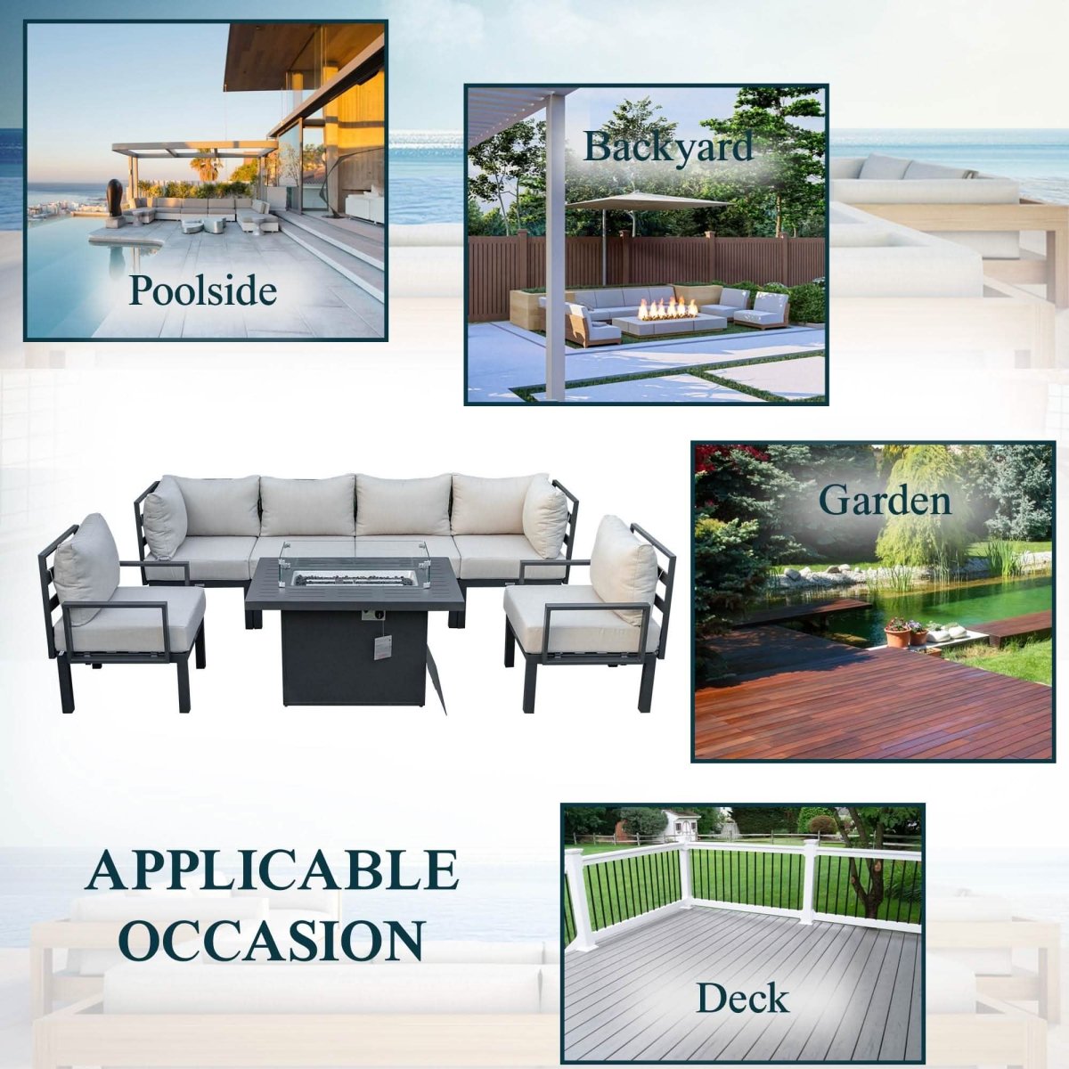 Chelsea 7 - Piece Patio Sectional Set in Black Aluminum with Fire Pit Table