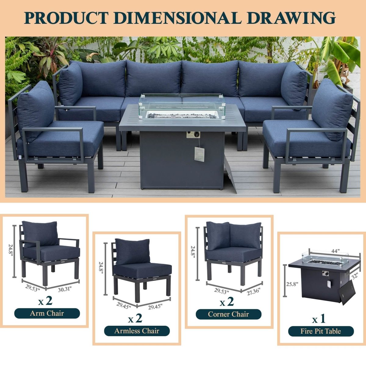 Chelsea 7 - Piece Patio Sectional Set in Black Aluminum with Fire Pit Table