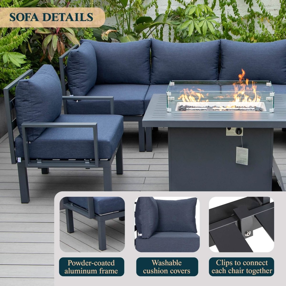 Chelsea 7 - Piece Patio Sectional Set in Black Aluminum with Fire Pit Table