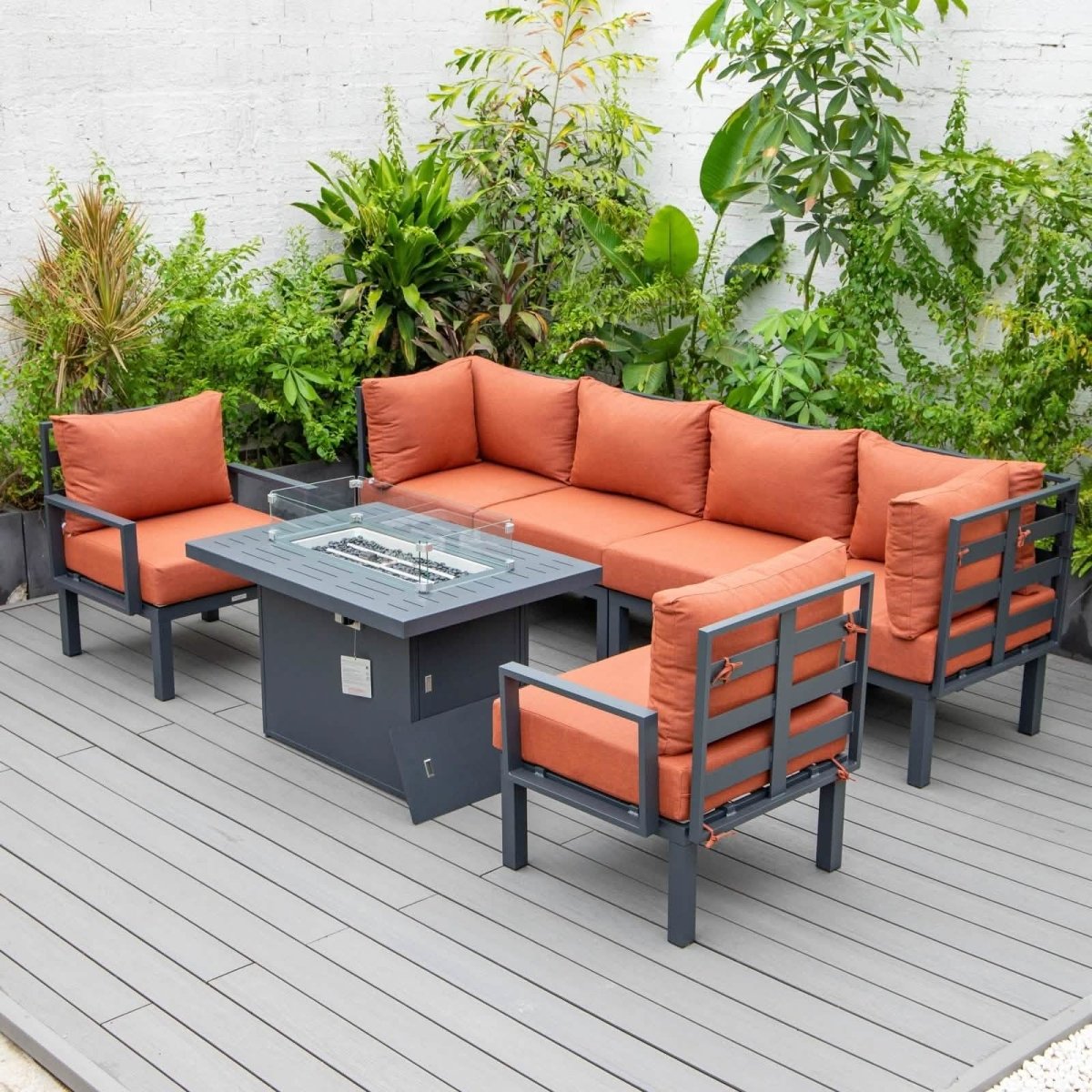 Chelsea 7 - Piece Patio Sectional Set in Black Aluminum with Fire Pit Table