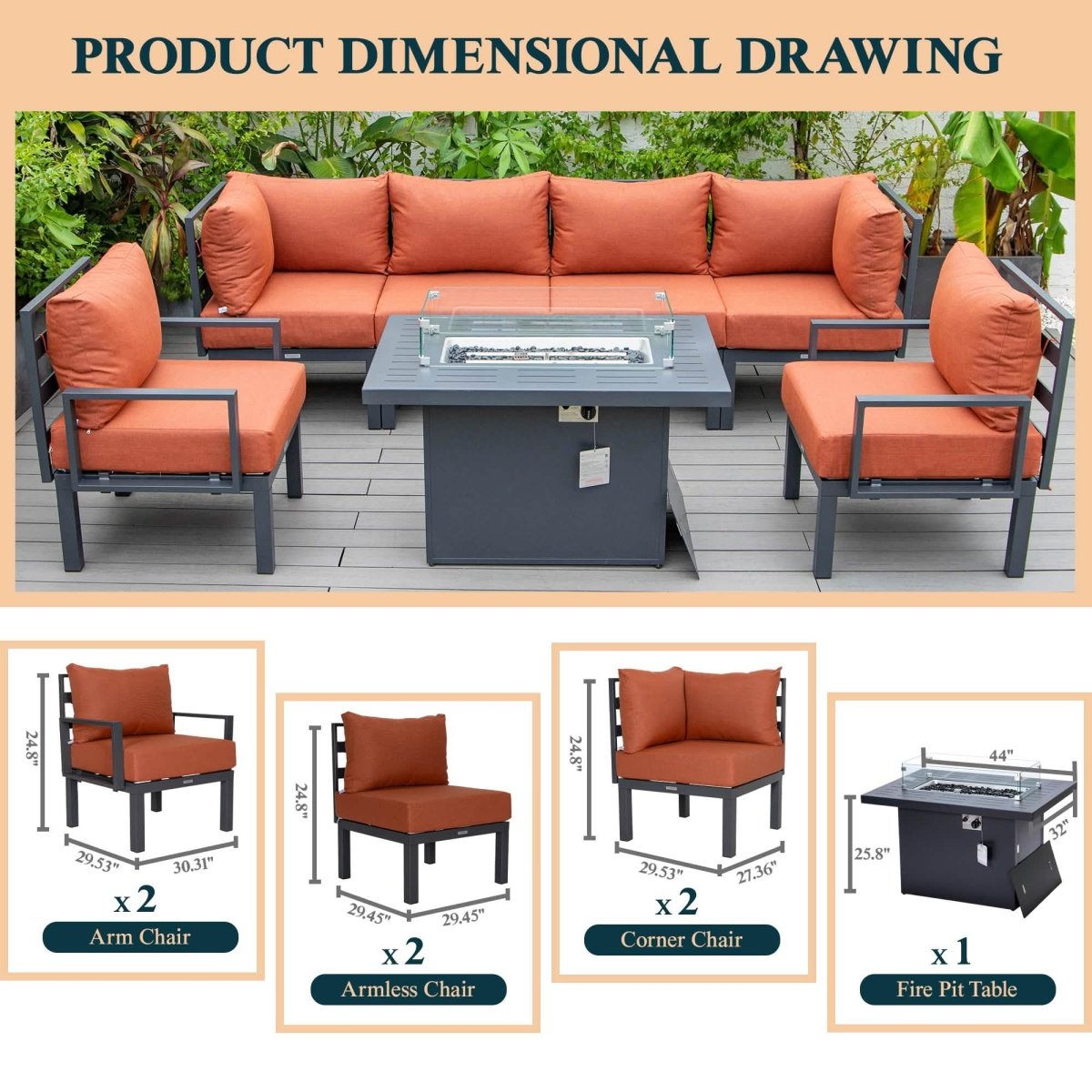 Chelsea 7 - Piece Patio Sectional Set in Black Aluminum with Fire Pit Table