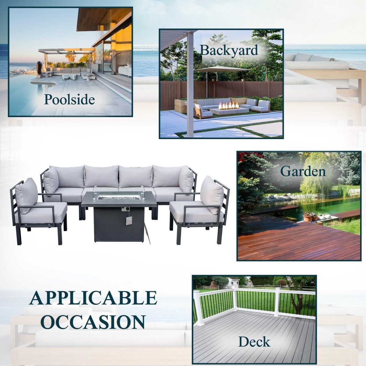 Chelsea 7 - Piece Patio Sectional Set in Black Aluminum with Fire Pit Table