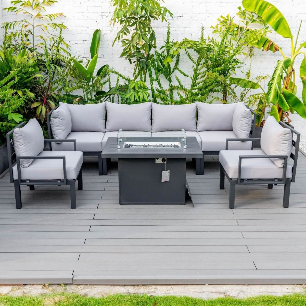 Chelsea 7 - Piece Patio Sectional Set in Black Aluminum with Fire Pit Table