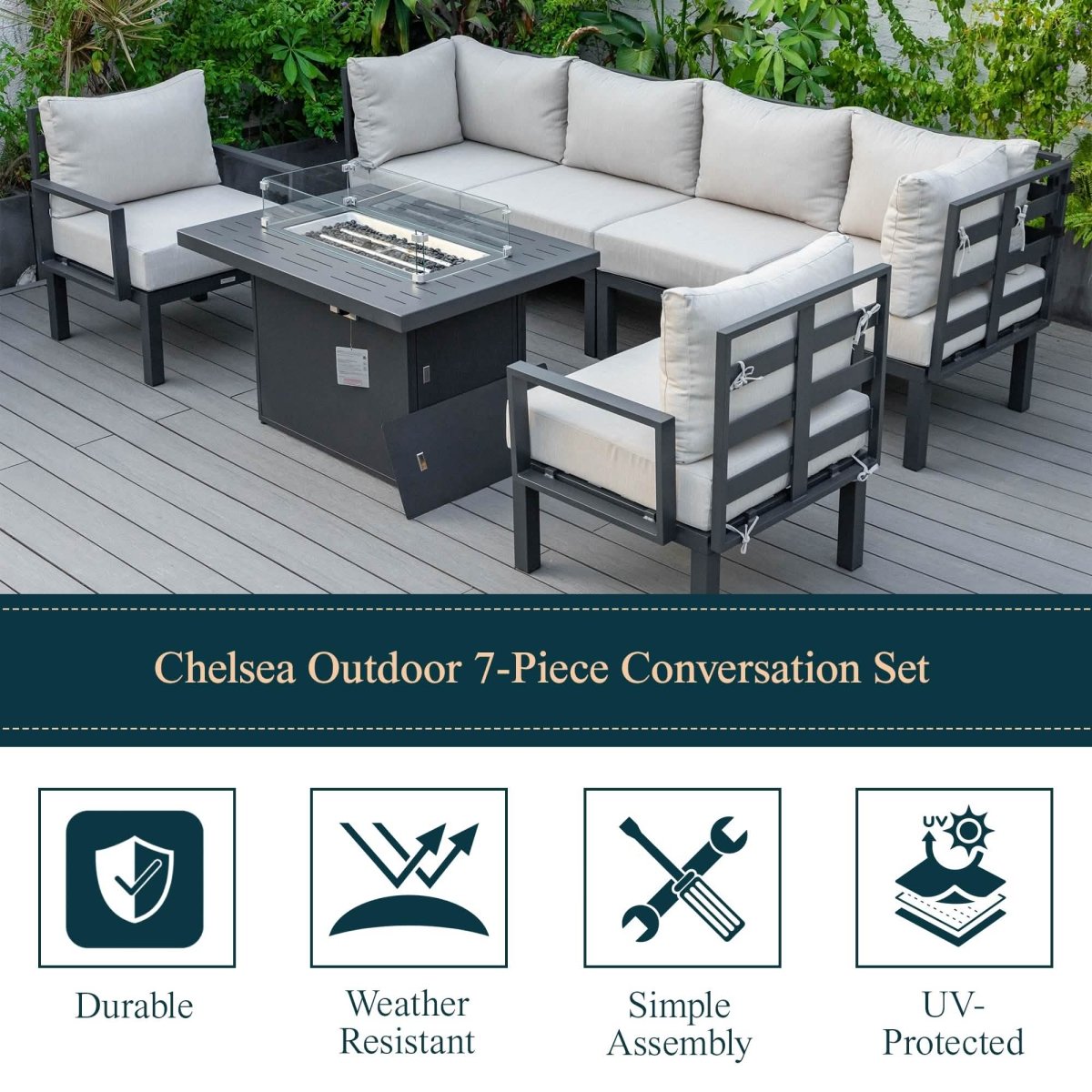 Chelsea 7 - Piece Patio Sectional Set in Black Aluminum with Fire Pit Table