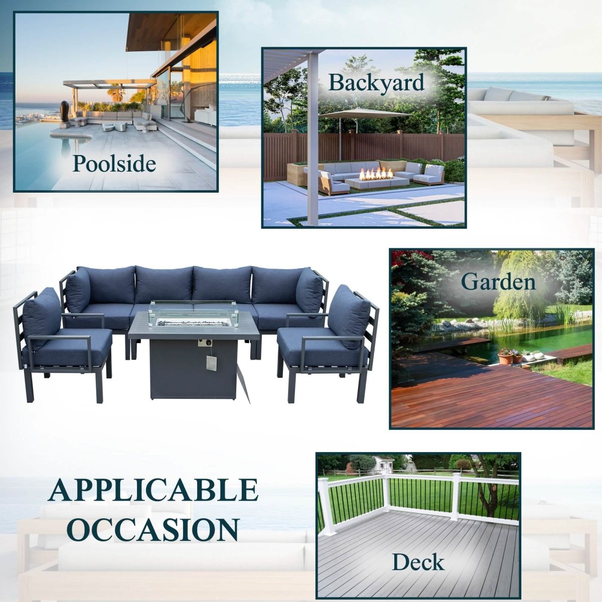Chelsea 7 - Piece Patio Sectional Set in Black Aluminum with Fire Pit Table