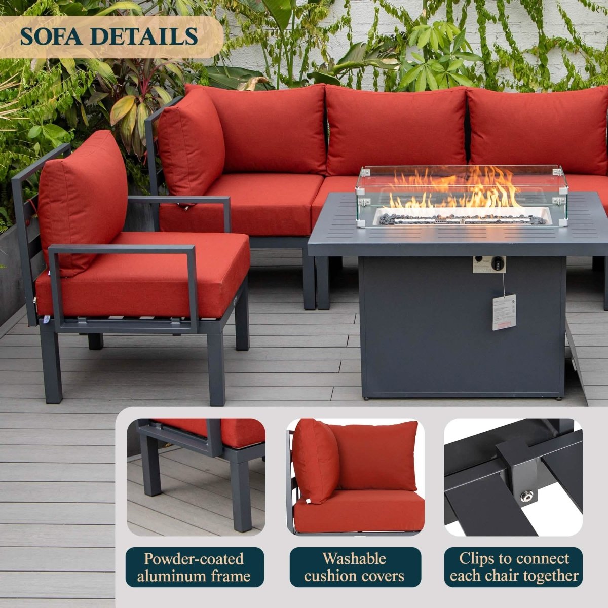 Chelsea 7 - Piece Patio Sectional Set in Black Aluminum with Fire Pit Table