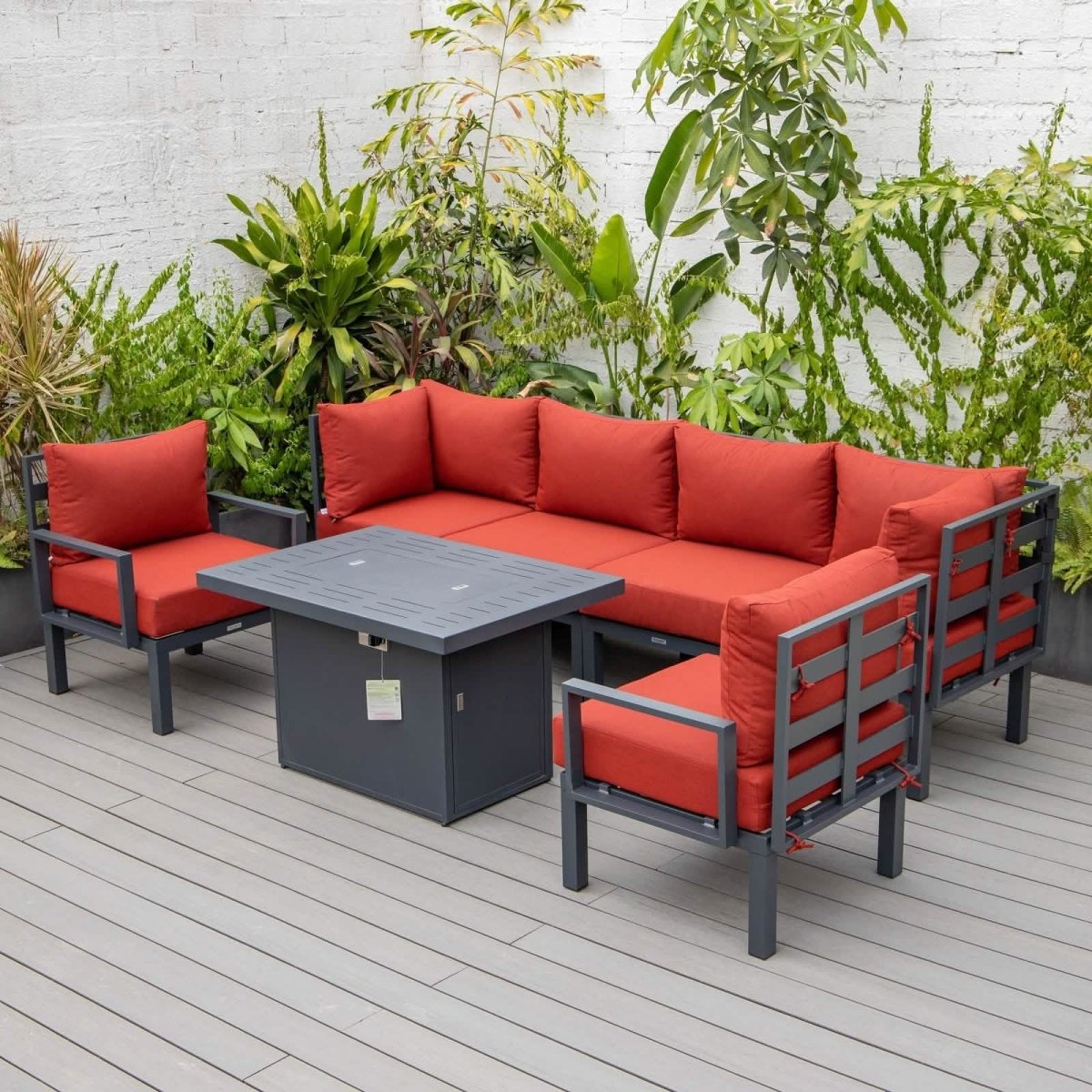 Chelsea 7 - Piece Patio Sectional Set in Black Aluminum with Fire Pit Table