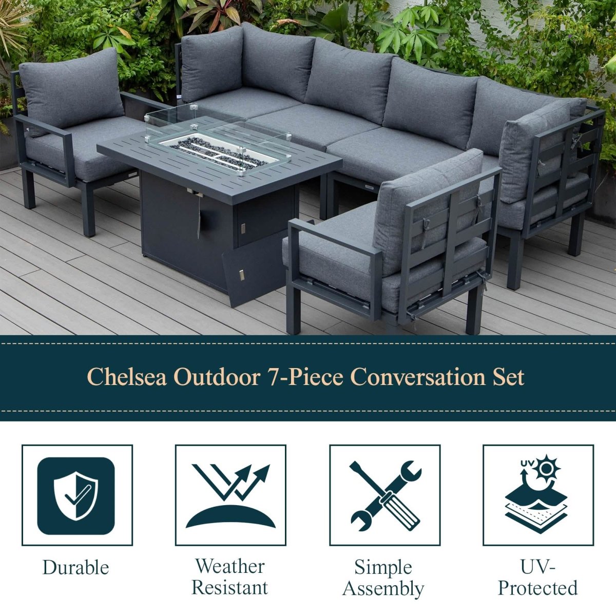 Chelsea 7 - Piece Patio Sectional Set in Black Aluminum with Fire Pit Table