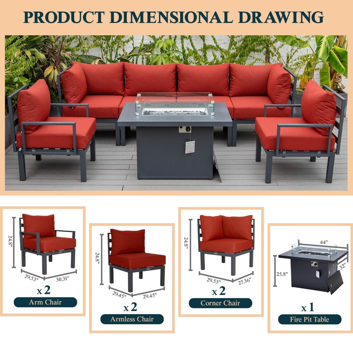Chelsea 7 - Piece Patio Sectional Set in Black Aluminum with Fire Pit Table