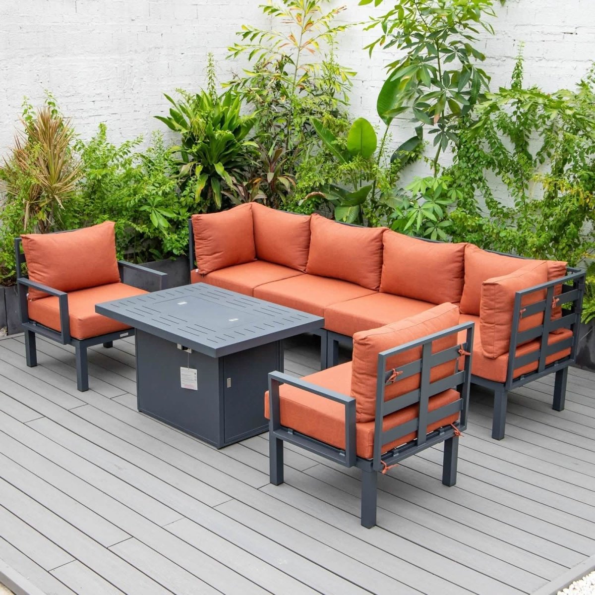 Chelsea 7 - Piece Patio Sectional Set in Black Aluminum with Fire Pit Table