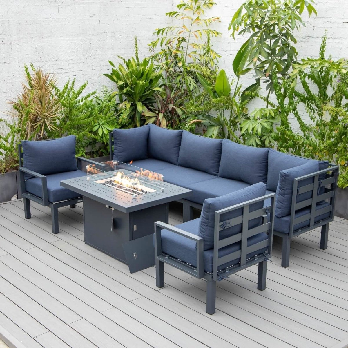 Chelsea 7 - Piece Patio Sectional Set in Black Aluminum with Fire Pit Table