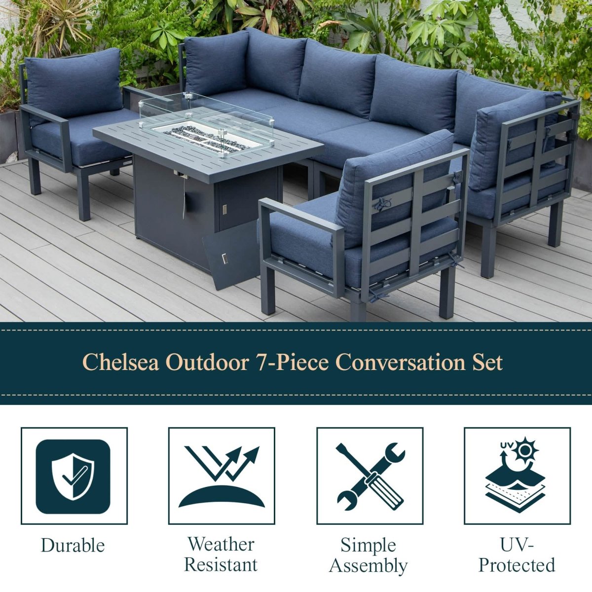 Chelsea 7 - Piece Patio Sectional Set in Black Aluminum with Fire Pit Table