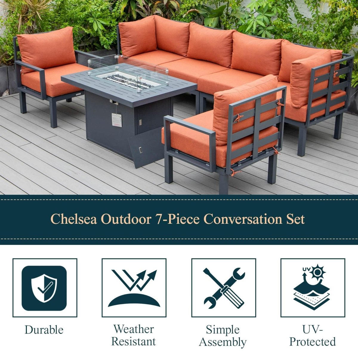 Chelsea 7 - Piece Patio Sectional Set in Black Aluminum with Fire Pit Table