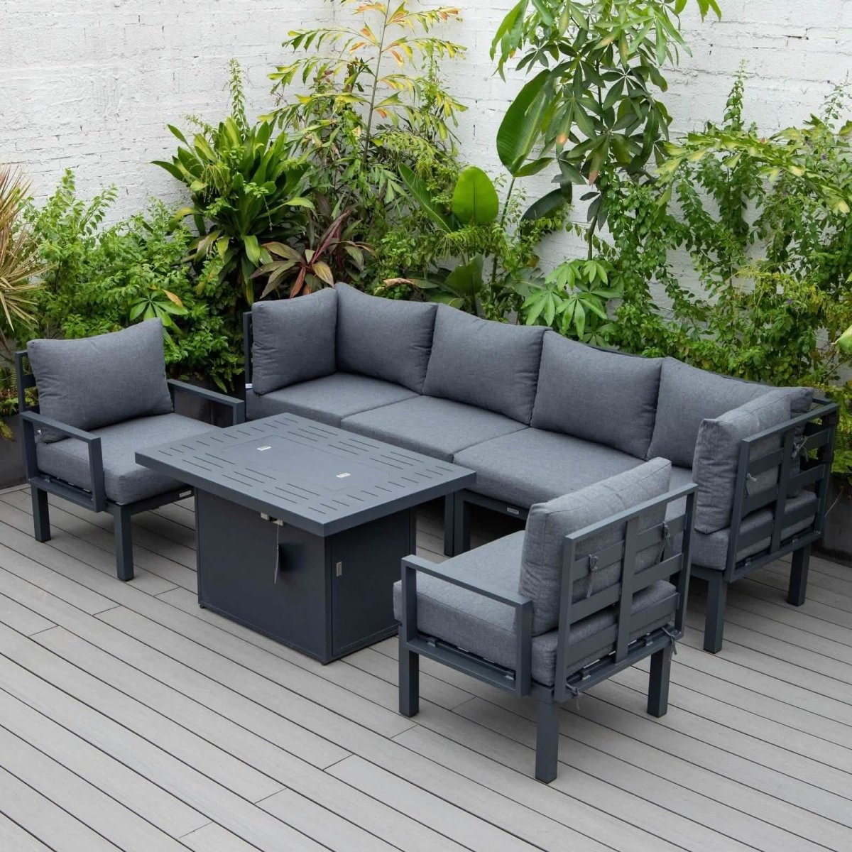 Chelsea 7 - Piece Patio Sectional Set in Black Aluminum with Fire Pit Table