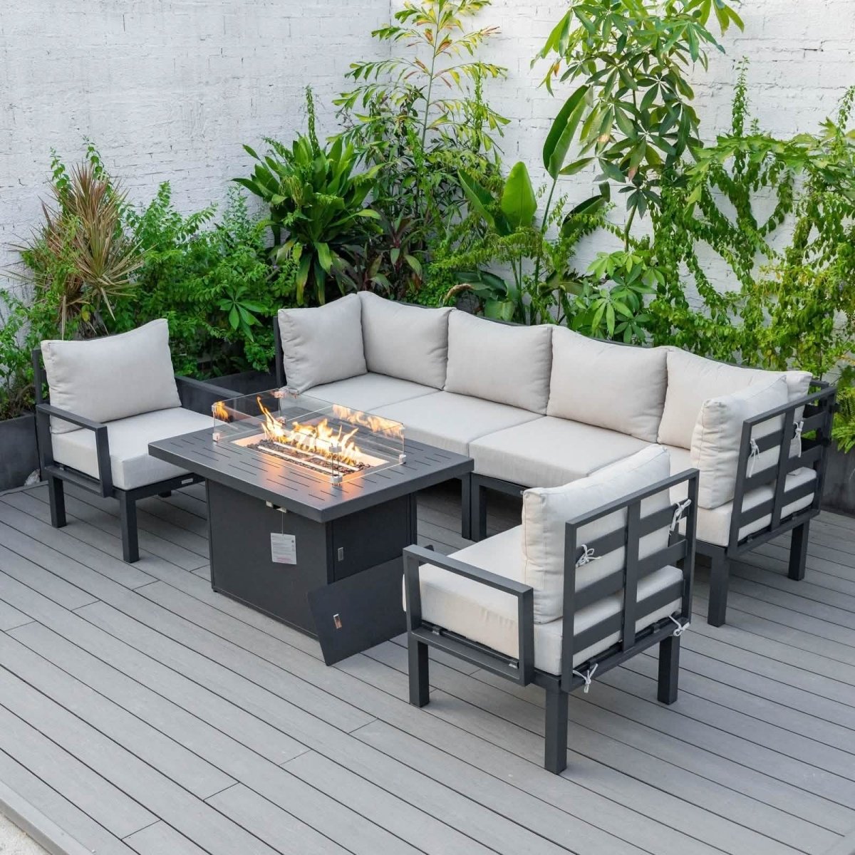 Chelsea 7 - Piece Patio Sectional Set in Black Aluminum with Fire Pit Table