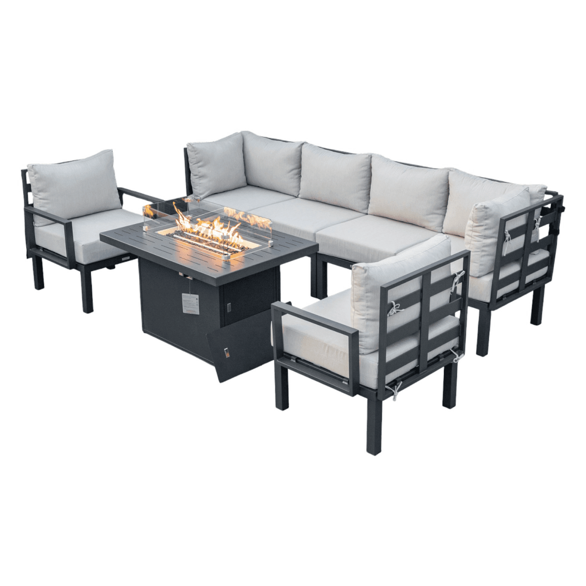 Chelsea 7 - Piece Patio Sectional Set in Black Aluminum with Fire Pit Table