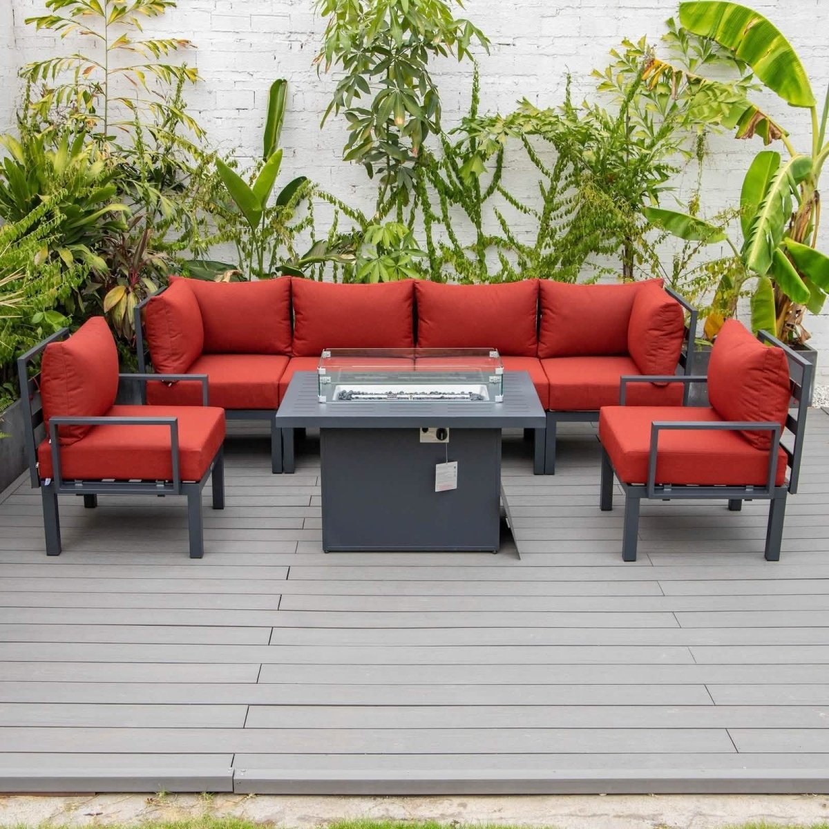 Chelsea 7 - Piece Patio Sectional Set in Black Aluminum with Fire Pit Table