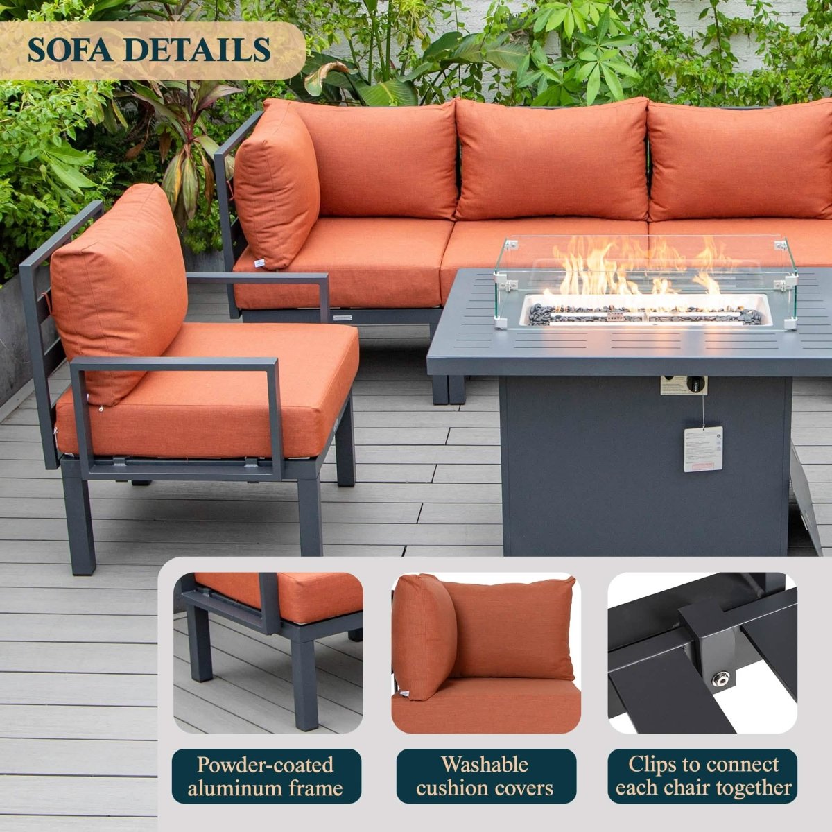 Chelsea 7 - Piece Patio Sectional Set in Black Aluminum with Fire Pit Table