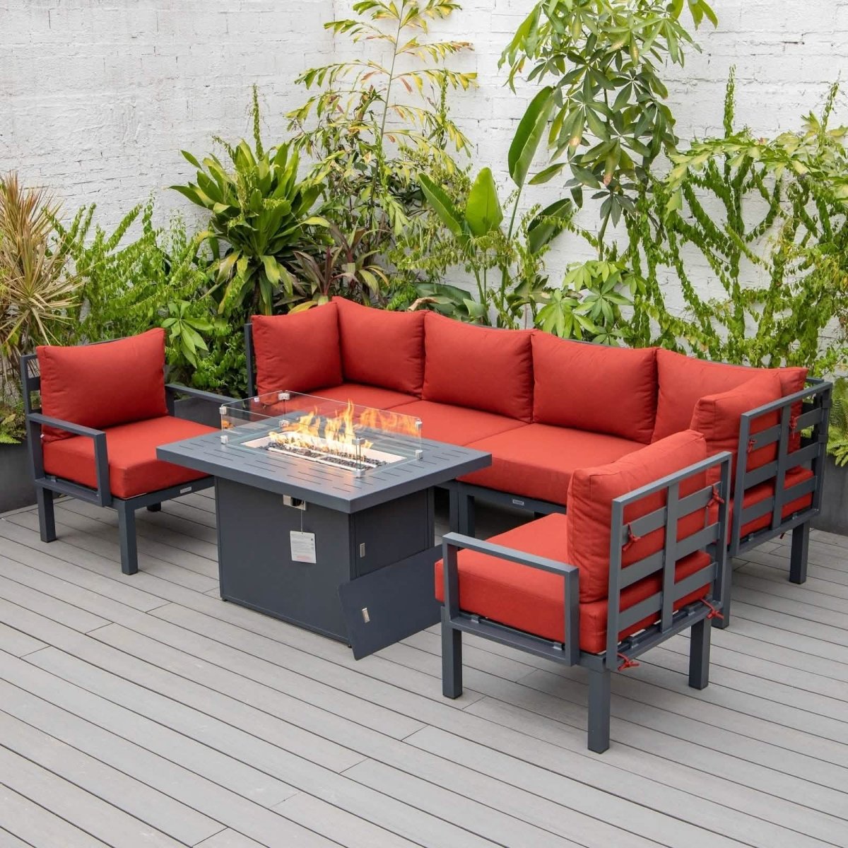 Chelsea 7 - Piece Patio Sectional Set in Black Aluminum with Fire Pit Table