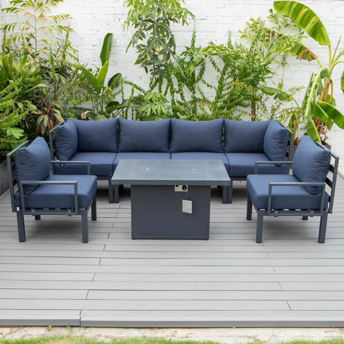 Chelsea 7 - Piece Patio Sectional Set in Black Aluminum with Fire Pit Table