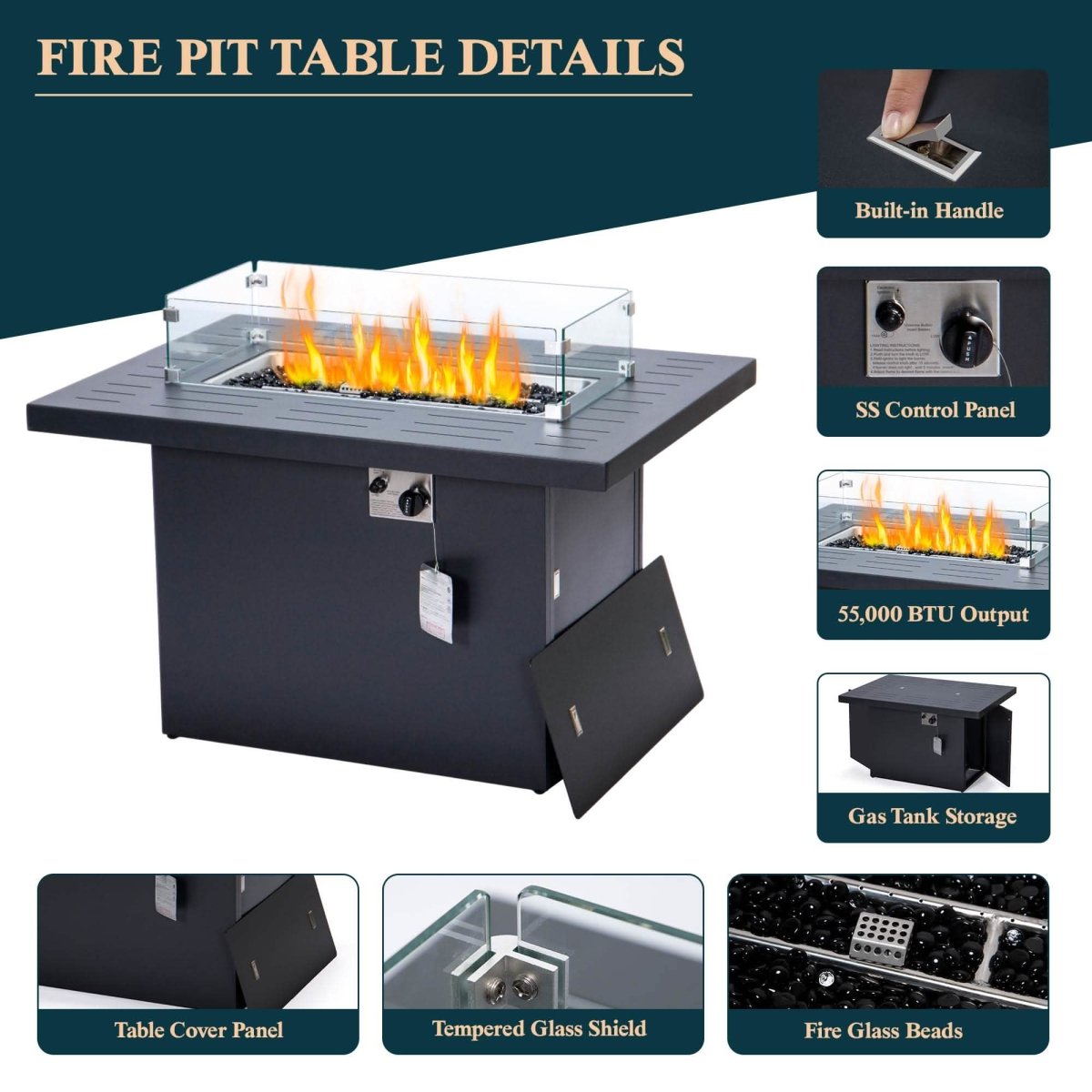 Chelsea 7 - Piece Patio Sectional Set in Black Aluminum with Fire Pit Table