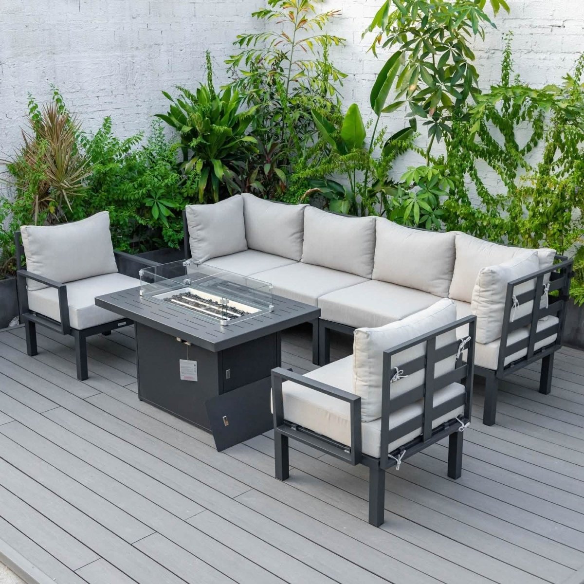 Chelsea 7 - Piece Patio Sectional Set in Black Aluminum with Fire Pit Table