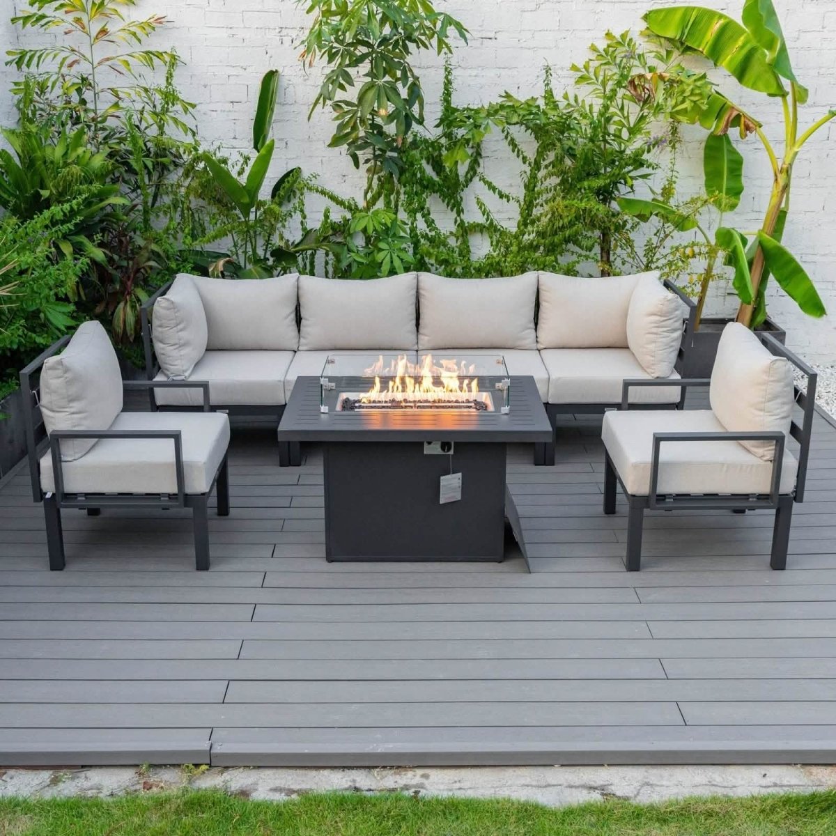 Chelsea 7 - Piece Patio Sectional Set in Black Aluminum with Fire Pit Table